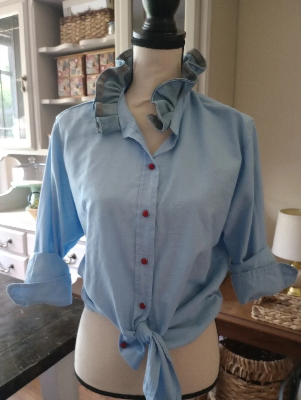 Light Blue Ruffle Collar Button-Up Shirt - Picture 3 of 10